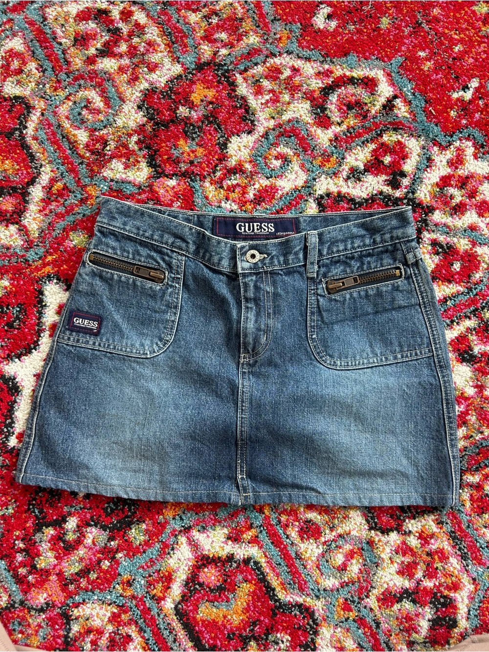 GUESS Blue Denim Mini Skirt with Zip Pocket Accents